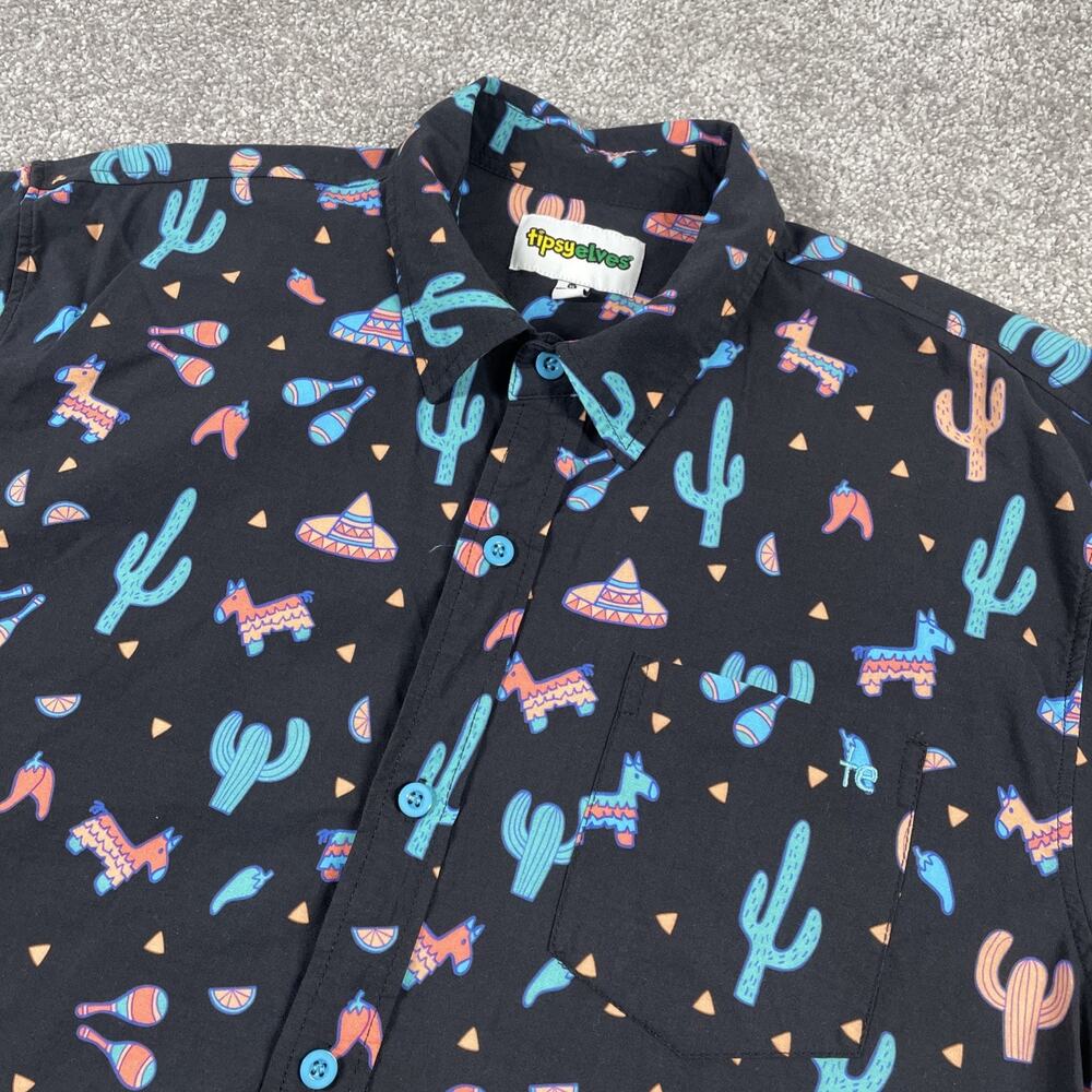 Tipsy Elves Shirt Mens Extra Large Midnight Fiesta Hawaiian Pinata Cactus